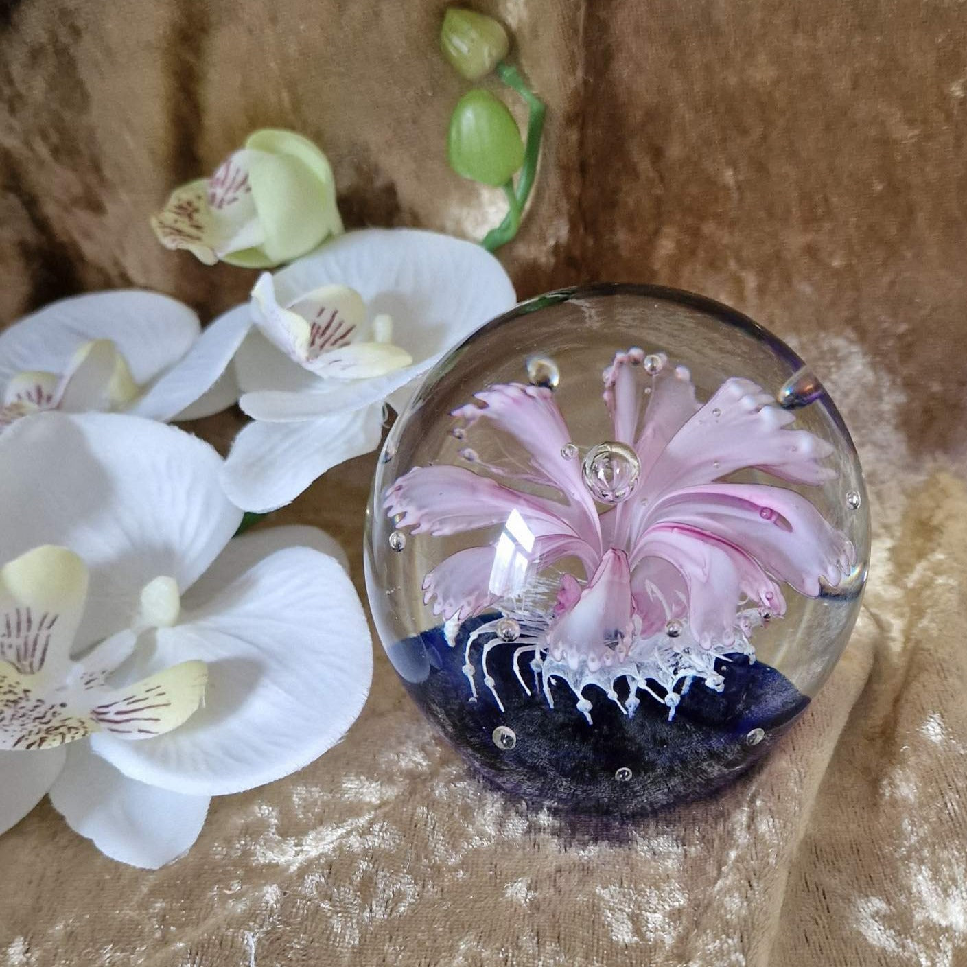 Blown Glass Blue Pink Flower Paperweight