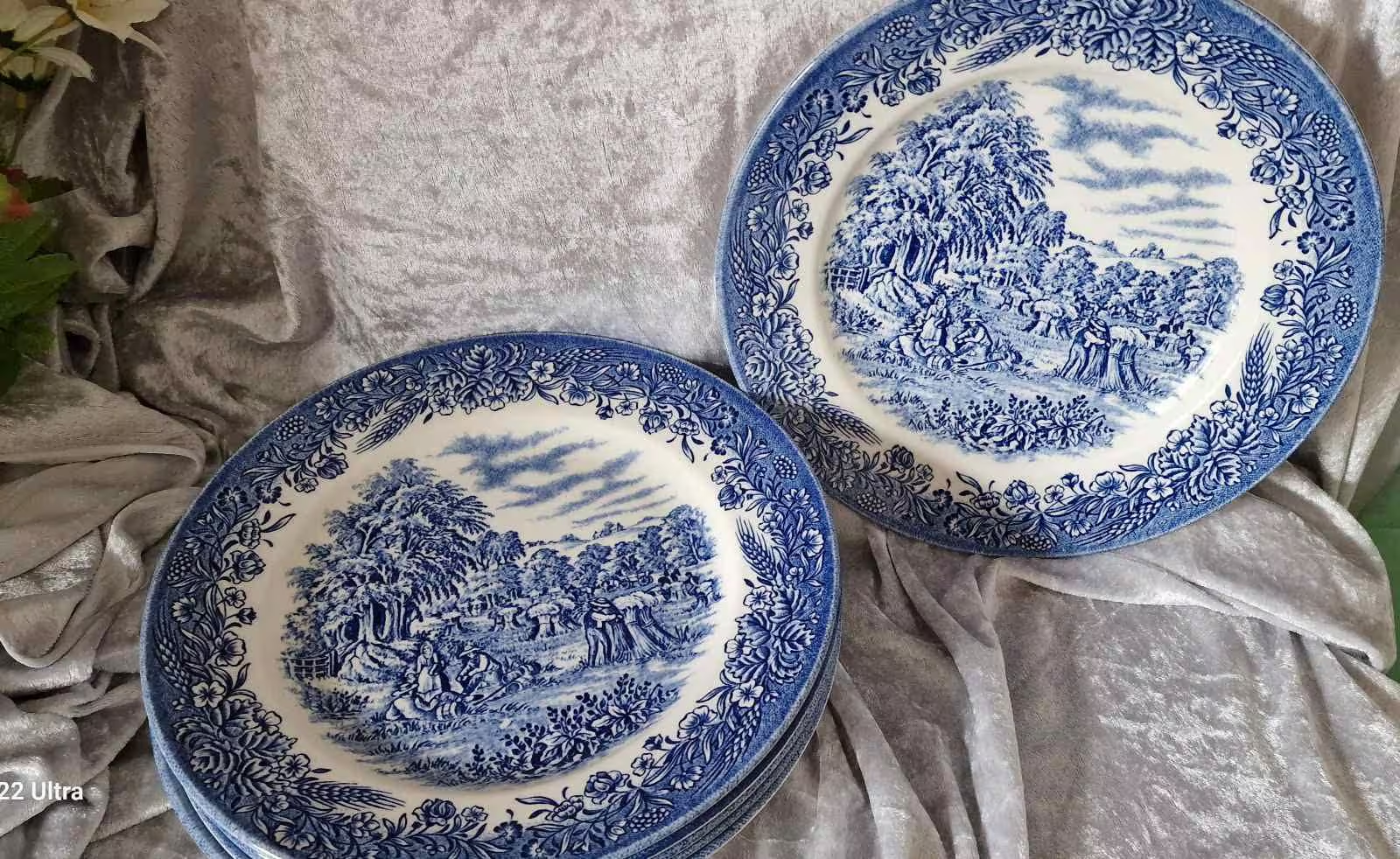 Blue and white Churchill china plate featuring a farm scene with Harvest theme.