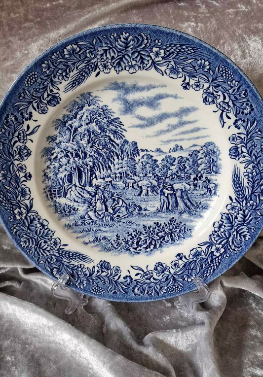 Blue and white Churchill china plate featuring a farm scene with Harvest theme.