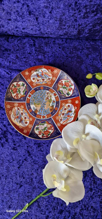 Imari Ware Porcelain Plate Multicolor Floral Peacock Japan.