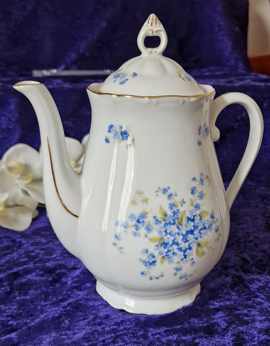 Teapot with blue flowers and vintage white colour, Haas & Czjzek Czechoslovakia Tea Pot Forget-me-not
