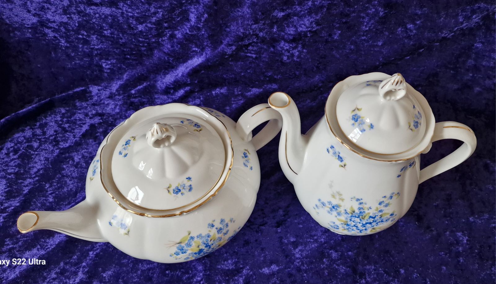 Forget-me-not tea pot by Haas & Czjzek, Czechoslovakia, white with blue flowers.