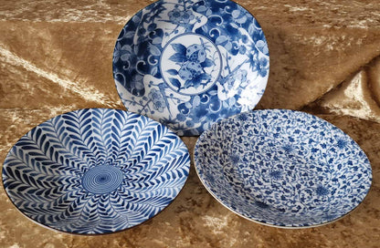 Three blue and white floral plates, Saikai Pottery Traditional Japanese Ai-e Indigo Patterns Porcelain Plates 31302 from Japan.