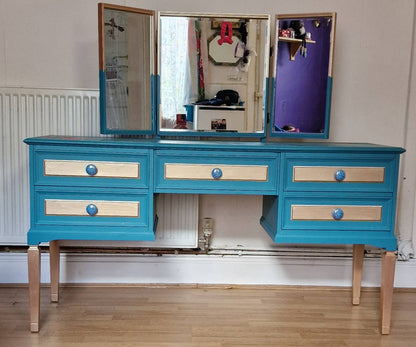 Dressing Table with Triptych Mirror, Hand Painted Red Roses over Peacock Blue and Rose Gold