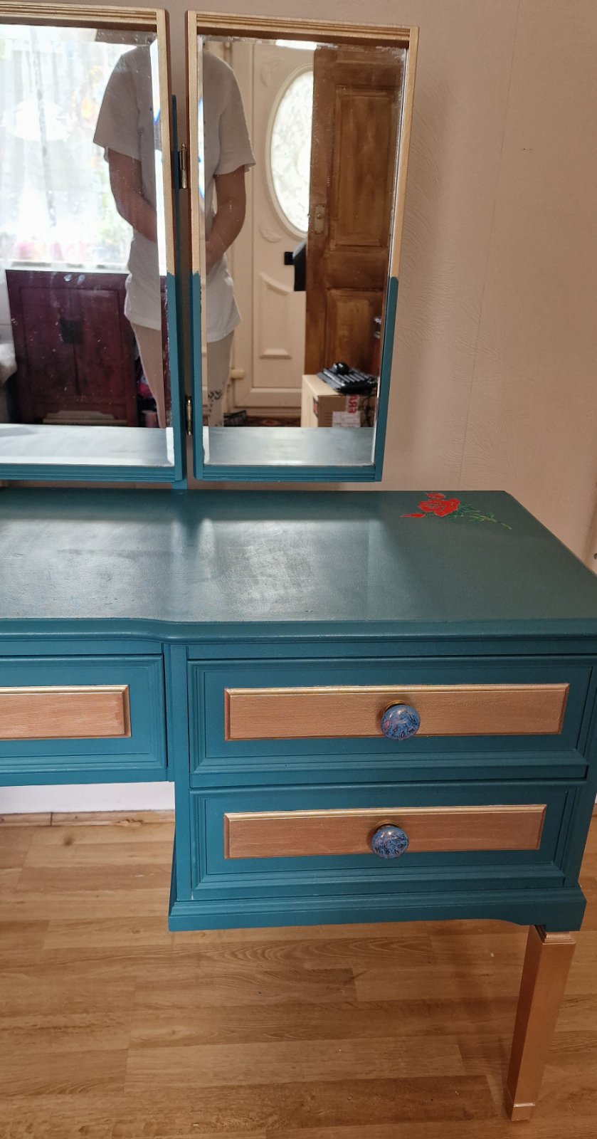 Dressing Table with Triptych Mirror, Hand Painted Red Roses over Peacock Blue and Rose Gold