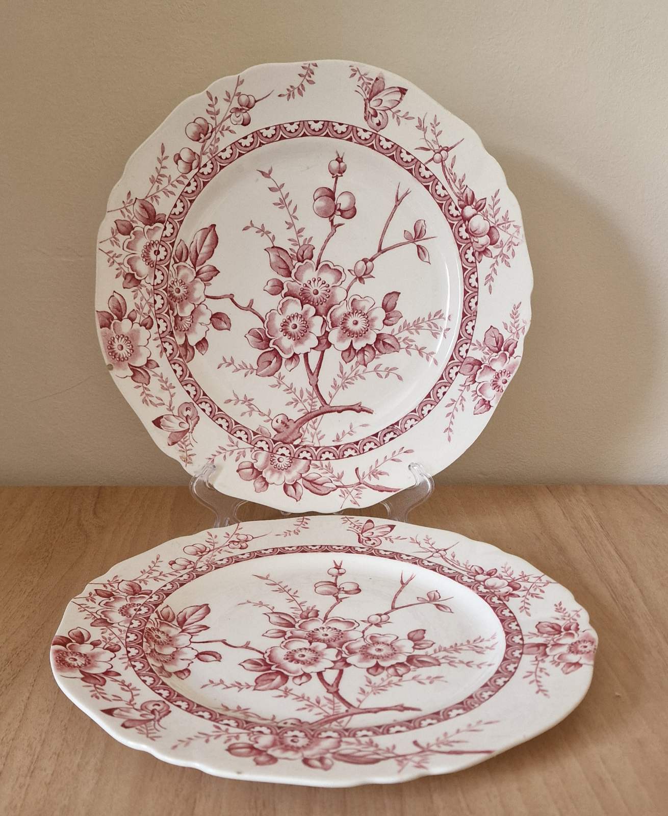 Pair of Antique Alfred Meakin Pink Transferware “Medway Decor” Pattern Dinner Plates