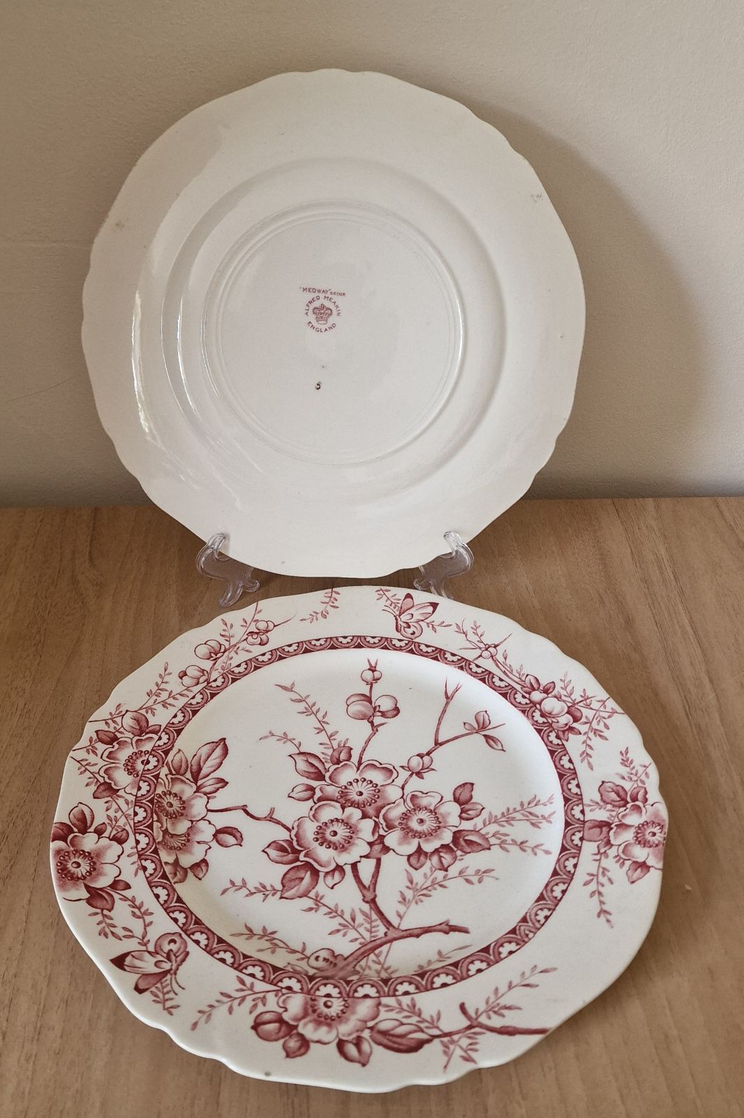 Pair of Antique Alfred Meakin Pink Transferware “Medway Decor” Pattern Dinner Plates