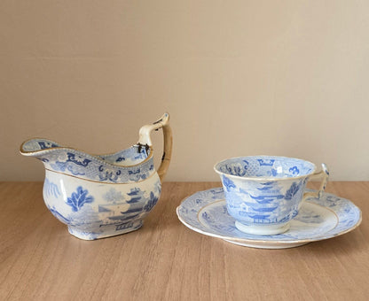 Antique Miles Mason tea cup, saucer and milk jug/creamer in Broseley Pagoda Pattern, c. 1810