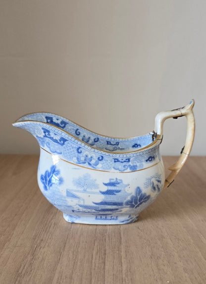 Antique Miles Mason tea cup, saucer and milk jug/creamer in Broseley Pagoda Pattern, c. 1810