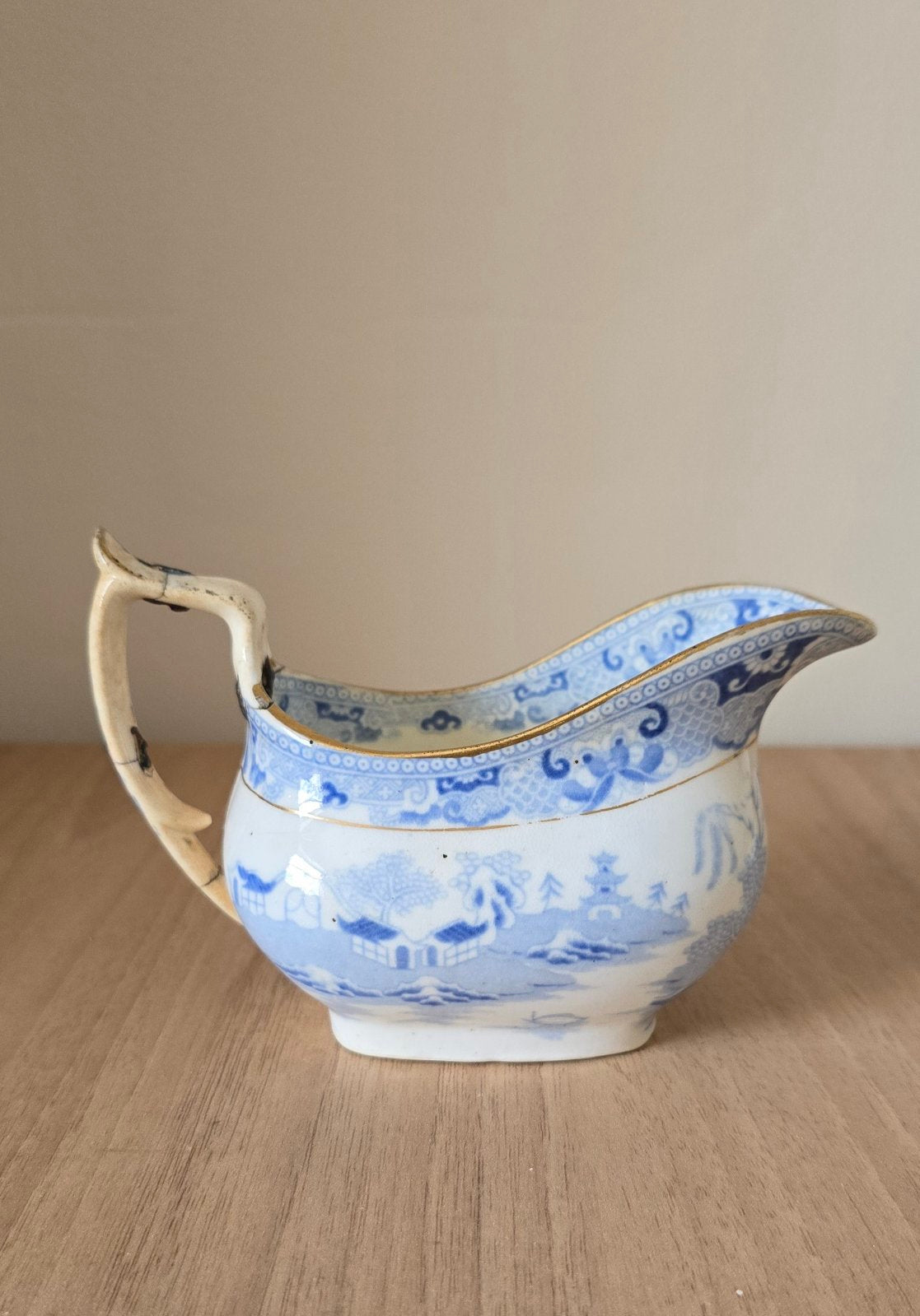 Antique Miles Mason tea cup, saucer and milk jug/creamer in Broseley Pagoda Pattern, c. 1810