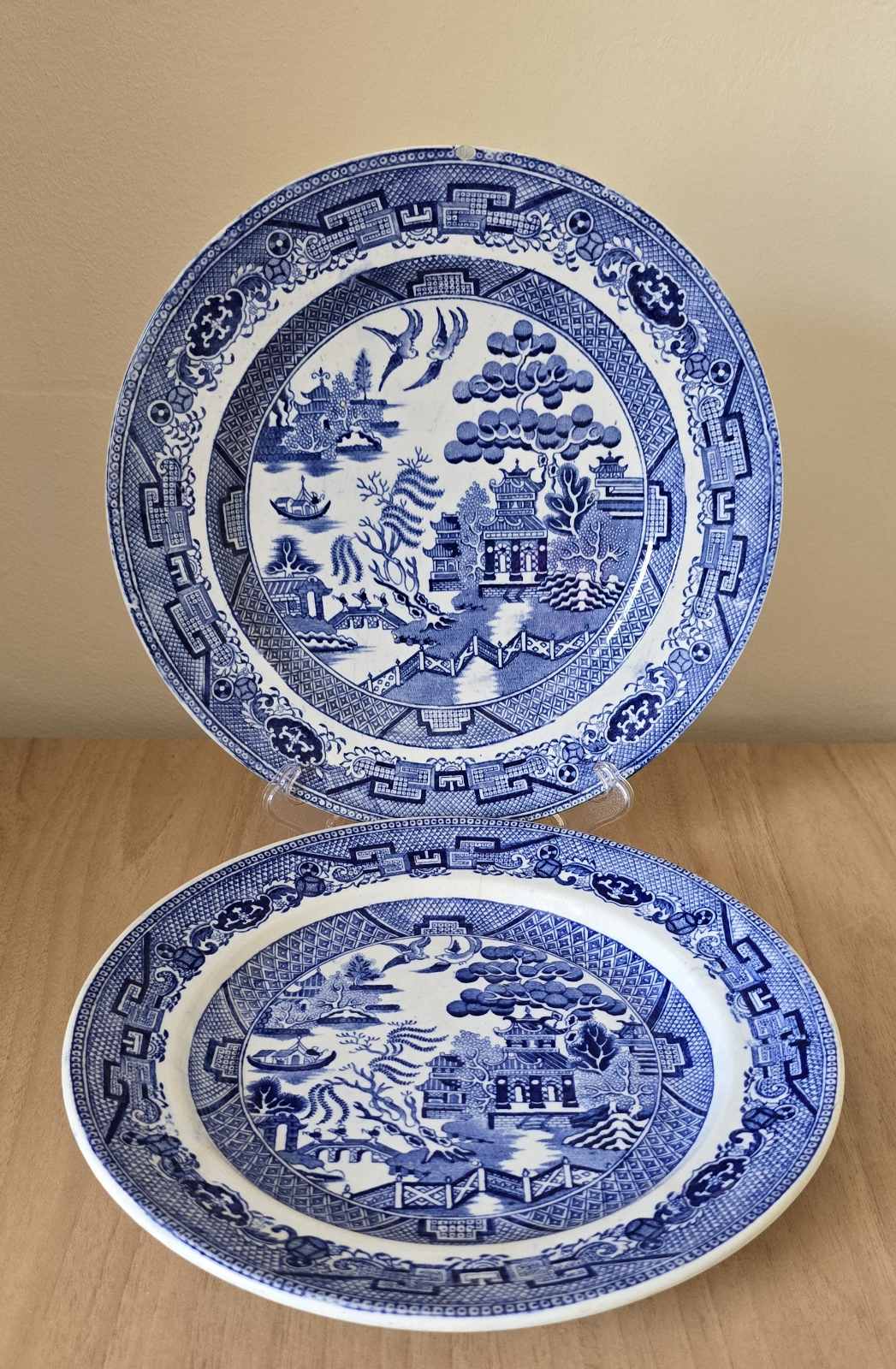 Blackhurst & Dunning soup dishes in Old Willow Pattern, c. 1860