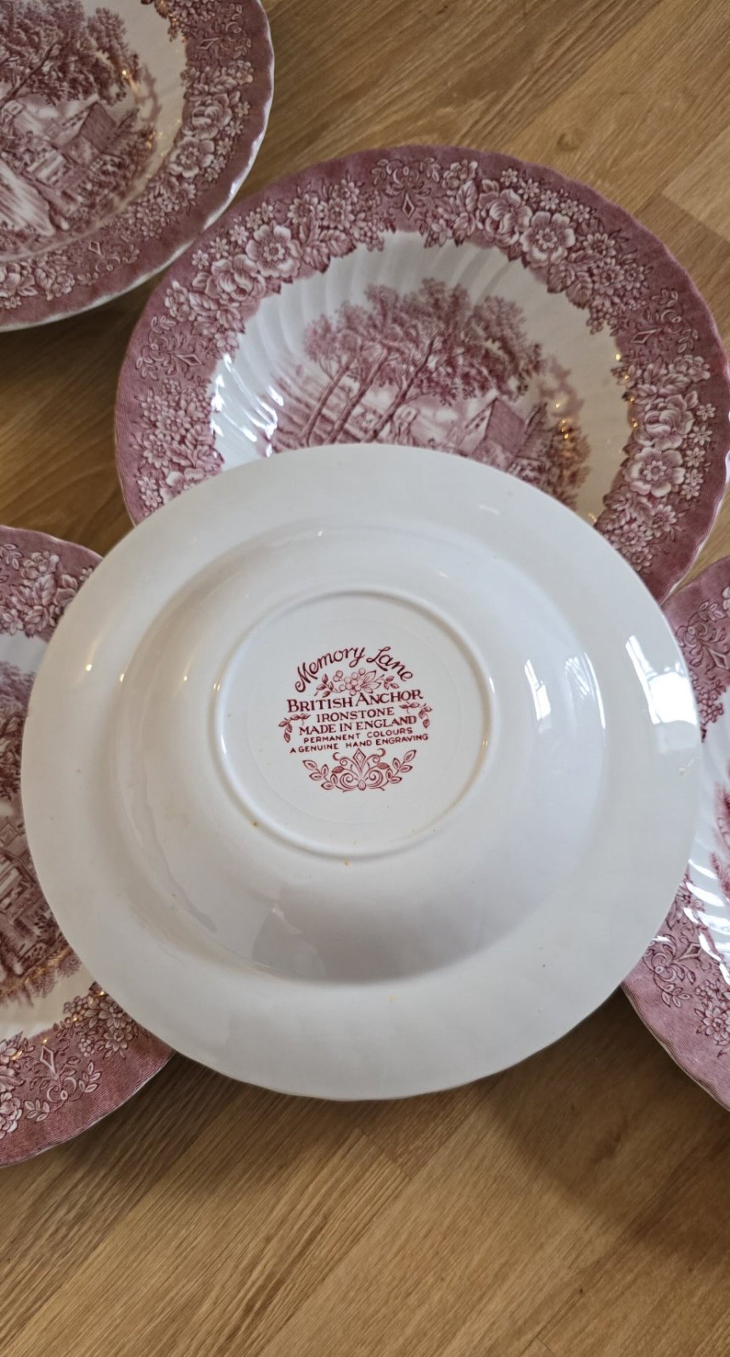 British Anchor Pink "Memory Lane" Collectable Deep Plates, c.1950s